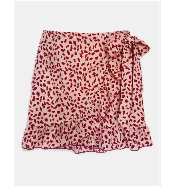 Women's High Waist Lace Up Short Skirt Ruffled Irregular Print Zipper Skirt Red Leopard - Shop at LoveMi