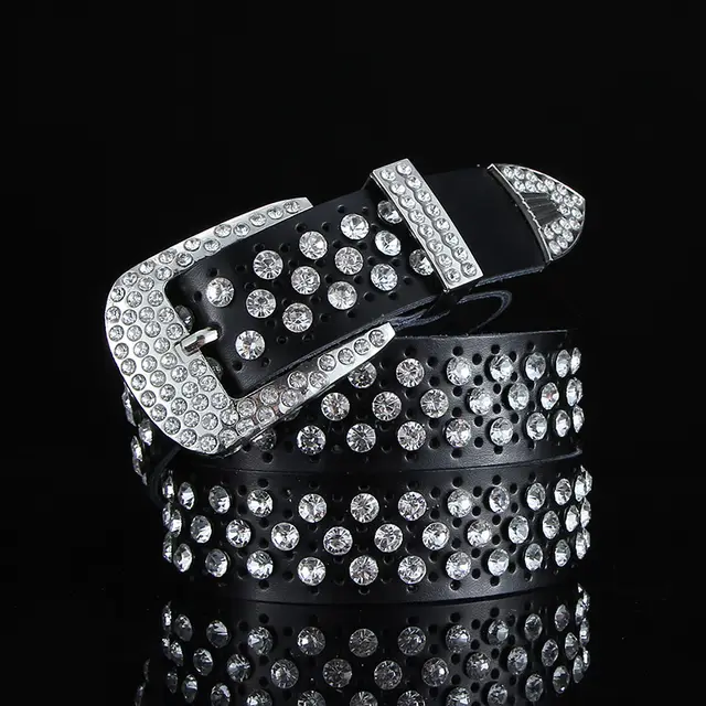 Fashion All match Black and White Leather Belt With Diamond Leather Wide Leather Belt With Crystals Hollow Black - Shop at LoveMi