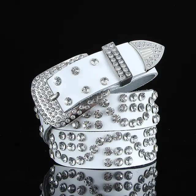Fashion All match Black and White Leather Belt With Diamond Leather Wide Leather Belt With Crystals S Type White - Shop at LoveMi