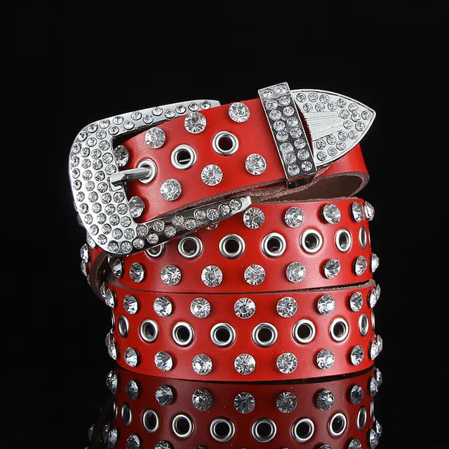 Fashion All match Black and White Leather Belt With Diamond Leather Wide Leather Belt With Crystals Stomata Red - Shop at LoveMi