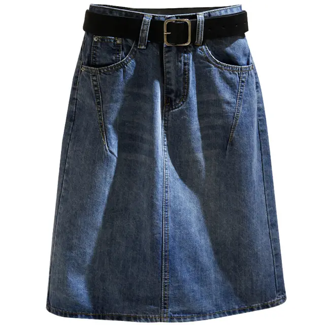 Blue Denim Midi Skirt Female High waisted Split A line Skirt Blue - Shop at LoveMi