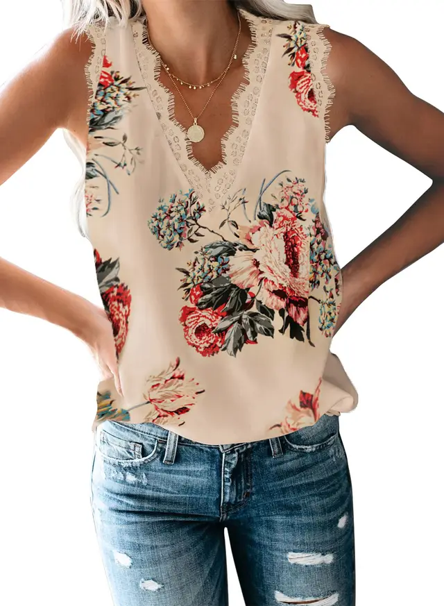 Lace Sleeveless Printed Lace Collared Blouse European and American Base Vest T Apricot Print - Shop at LoveMi