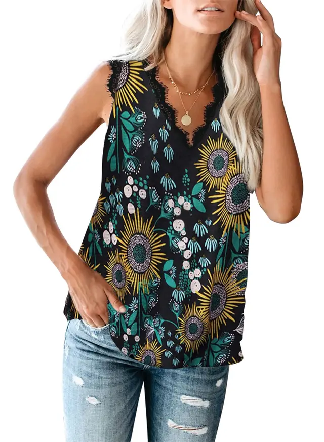 Lace Sleeveless Printed Lace Collared Blouse European and American Base Vest T Black Sunflower - Shop at LoveMi