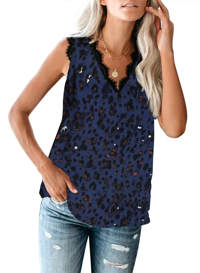 Lace Sleeveless Printed Lace Collared Blouse European and American Base Vest T Leopard Blue - Shop at LoveMi