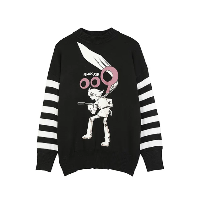 Cartoon Fashion Character Stitching Knitted Sweater Striped Autumn And Winter Sweater Black - Shop at LoveMi