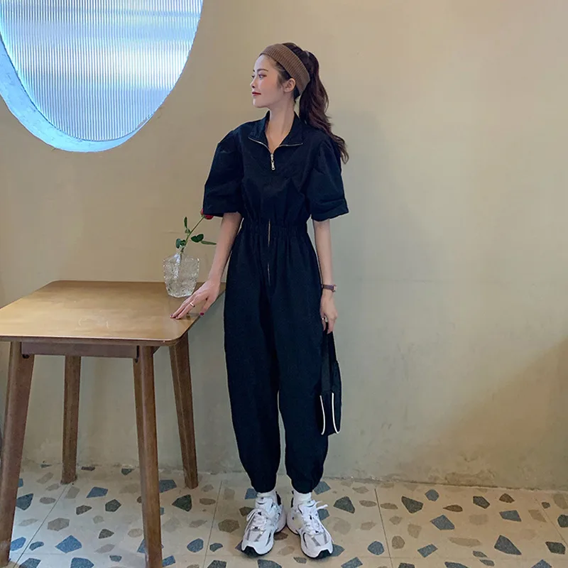 High Waist Zipper Cargo Casual Pants Women's Straight Leg Loose Fitting Jumpsuit - Black