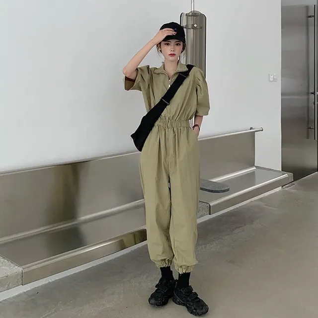 High Waist Zipper Cargo Casual Pants Women's Straight Leg Loose Fitting Jumpsuit Khaki - Shop at LoveMi