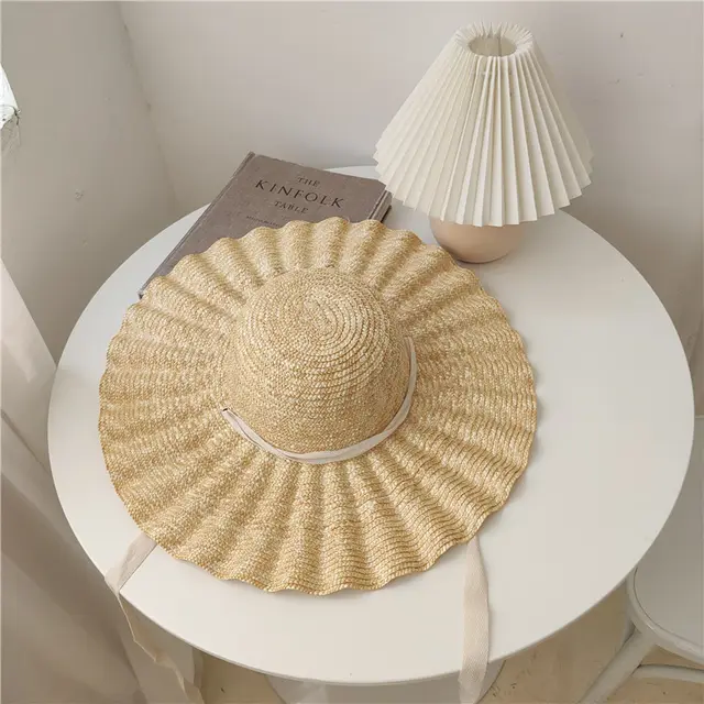European And American Style Wavy Side Straw Hat With Dome Big Brim Beach Hat White - Shop at LoveMi
