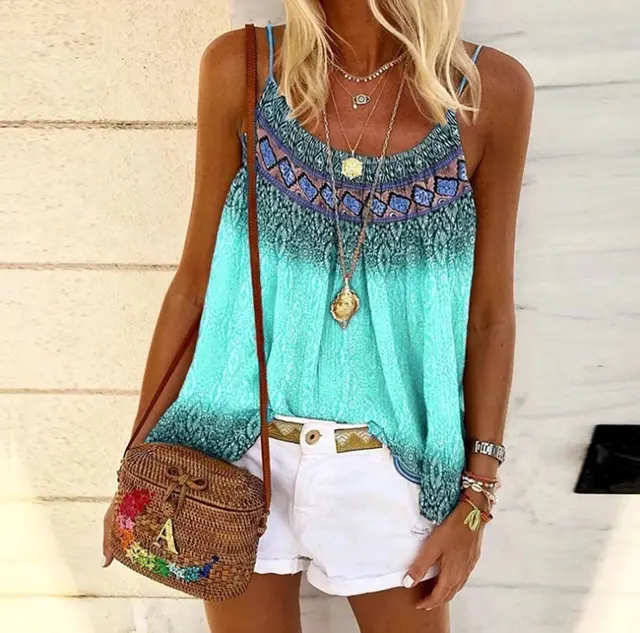 Casual Loose Beach Printed Cotton Camisole Blue - Shop at LoveMi