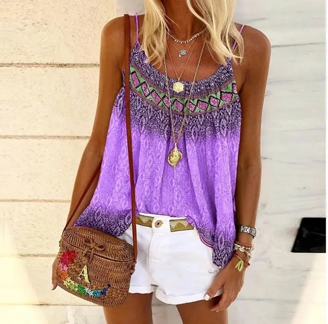 Casual Loose Beach Printed Cotton Camisole Purple - Shop at LoveMi