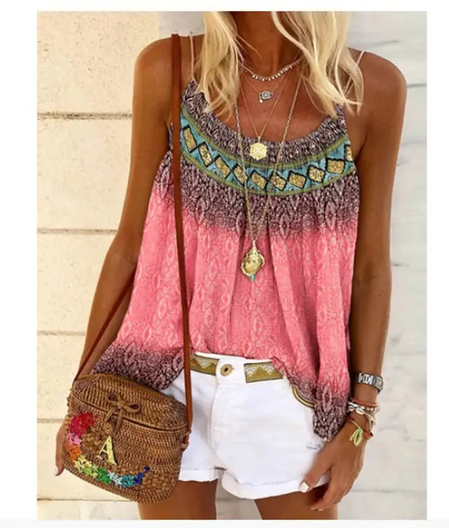 Casual Loose Beach Printed Cotton Camisole Red - Shop at LoveMi