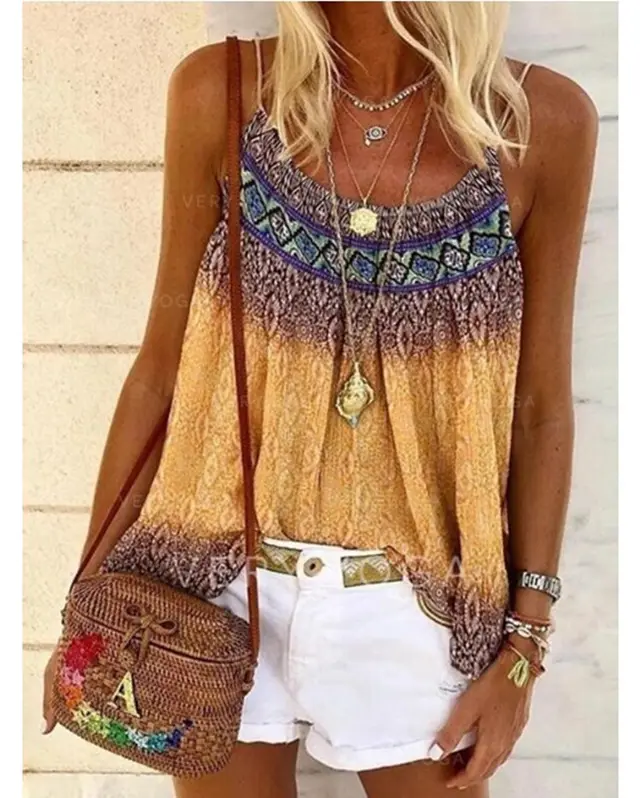 Casual Loose Beach Printed Cotton Camisole Yellow - Shop at LoveMi