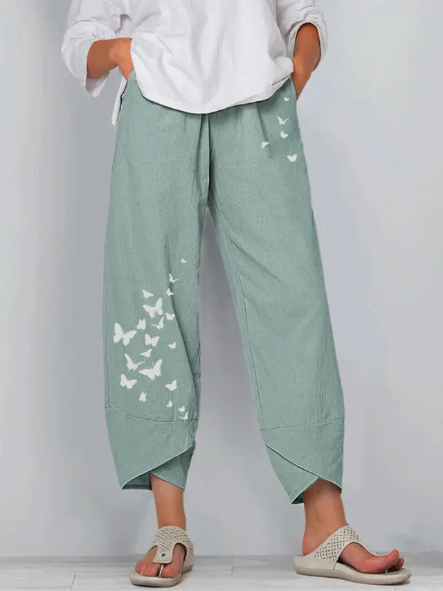 Summer Casual Loose Cotton And Linen Butterfly Print Wide Leg Pants Women Green - Shop at LoveMi
