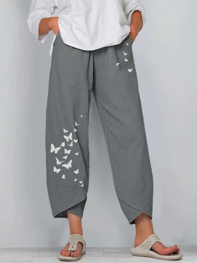 Summer Casual Loose Cotton And Linen Butterfly Print Wide Leg Pants Women Grey - Shop at LoveMi