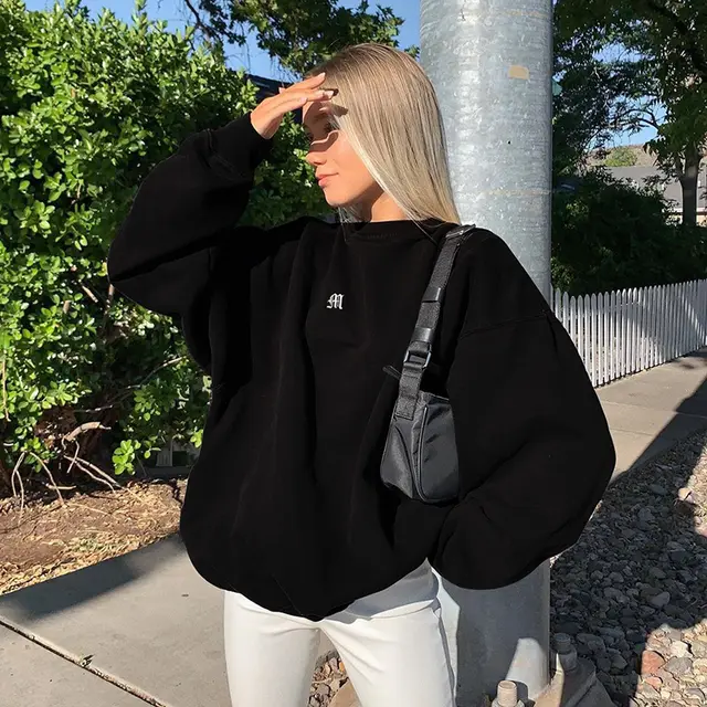 Solid Color Letter Embroidery Long Sleeved Pullover Sweater Women Loose Casual Top Black - Shop at LoveMi