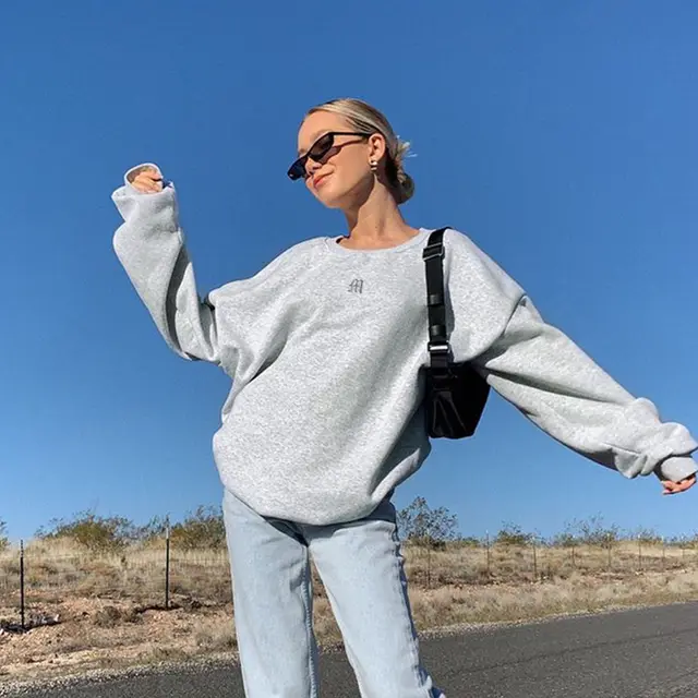Solid Color Letter Embroidery Long Sleeved Pullover Sweater Women Loose Casual Top Grey - Shop at LoveMi