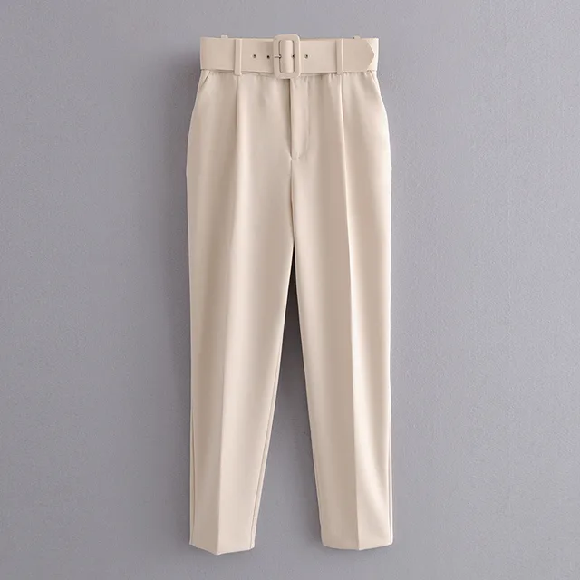 High Waist Casual Pants Yellow Cropped Trousers Beige - Shop at LoveMi