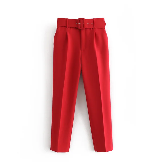 High Waist Casual Pants Yellow Cropped Trousers China Red - Shop at LoveMi