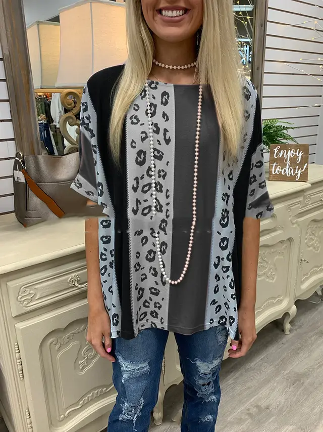 Turtleneck Round Neck Loose Leopard Print Short Sleeves Black Grey - Shop at LoveMi