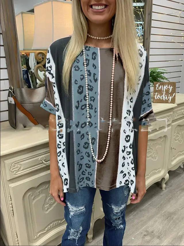 Turtleneck Round Neck Loose Leopard Print Short Sleeves Khaki White - Shop at LoveMi