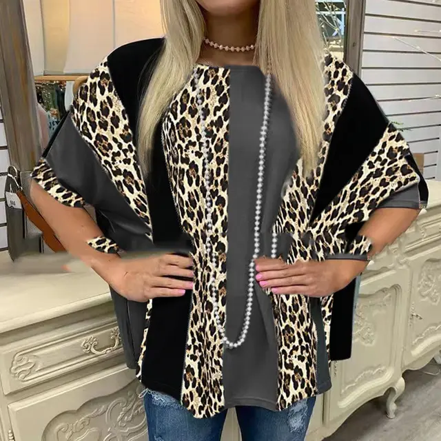 Turtleneck Round Neck Loose Leopard Print Short Sleeves Leopard - Shop at LoveMi