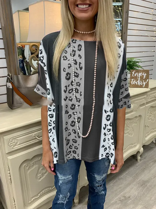 Turtleneck Round Neck Loose Leopard Print Short Sleeves Light Brown - Shop at LoveMi
