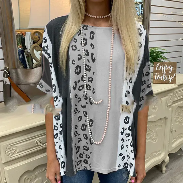 Turtleneck Round Neck Loose Leopard Print Short Sleeves Light Grey - Shop at LoveMi