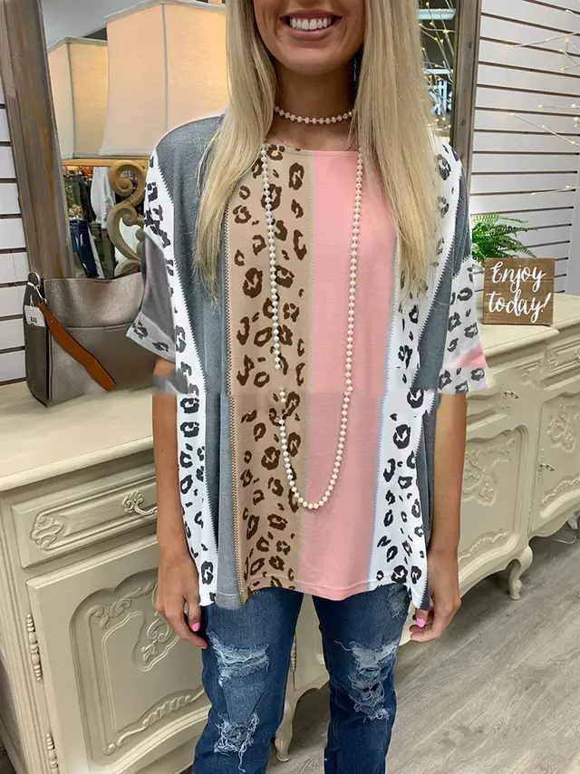 Turtleneck Round Neck Loose Leopard Print Short Sleeves Pink Gray - Shop at LoveMi