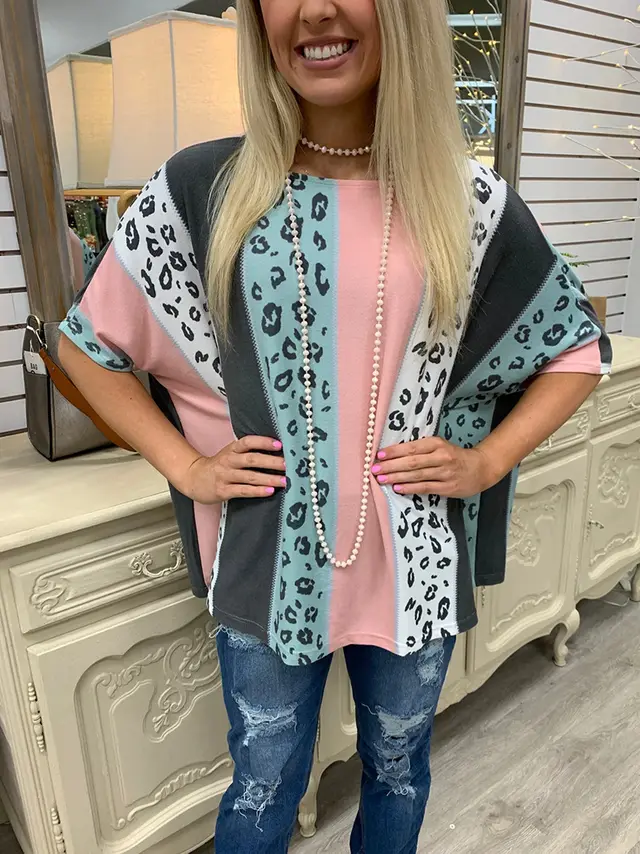 Turtleneck Round Neck Loose Leopard Print Short Sleeves Pink - Shop at LoveMi