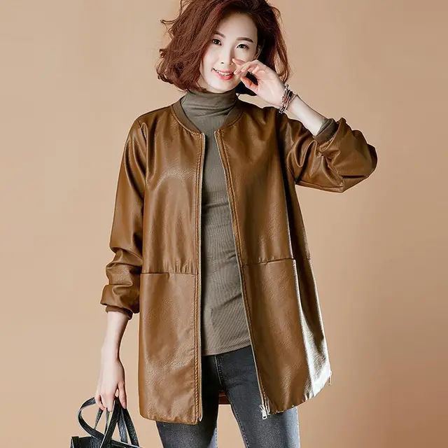 Korean Style Loose Baseball Uniform Mid length Leather Jacket Brown - Shop at LoveMi