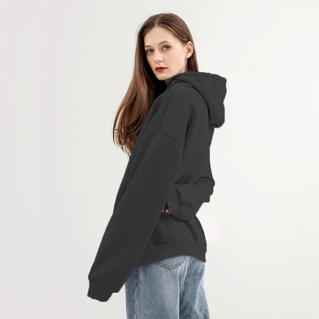 New Women's Fashion Personality Pure Color Plus Fleece Hooded Sweater Black - Shop at LoveMi