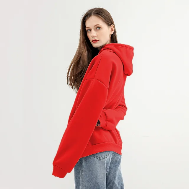New Women's Fashion Personality Pure Color Plus Fleece Hooded Sweater Red - Shop at LoveMi