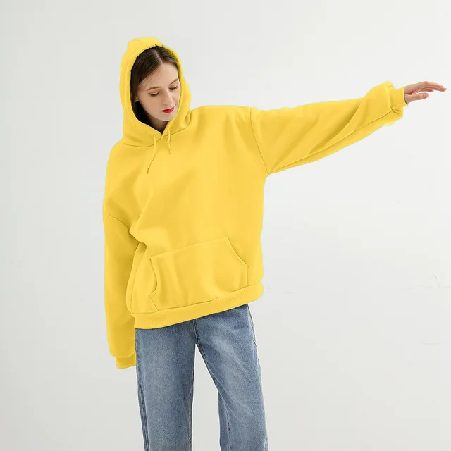 New Women's Fashion Personality Pure Color Plus Fleece Hooded Sweater Yellow - Shop at LoveMi