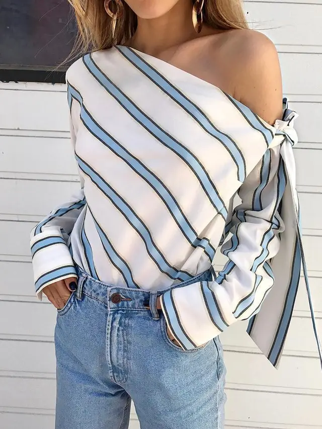 Wind Stripe Oblique Shoulder Bow Long sleeved Shirt Women White - Shop at LoveMi