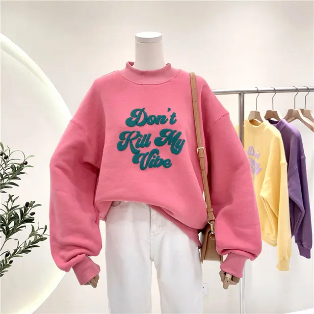 Clash Color Loose And Thick Half Turtleneck Pullover Hoodie Lady Pink - Shop at LoveMi