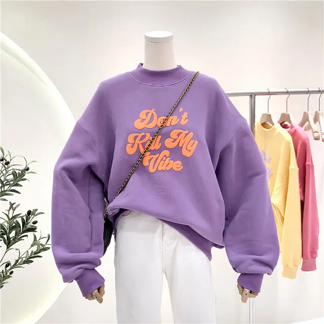 Clash Color Loose And Thick Half Turtleneck Pullover Hoodie Lady Purple - Shop at LoveMi