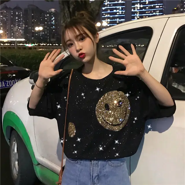 Women's Flashy Loose Short Sleeved T Shirt Black - Shop at LoveMi