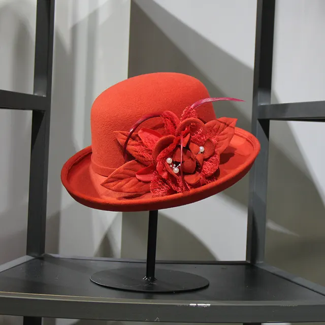 Three dimensional Feather Flower Wool Felt Hat Orange - Shop at LoveMi