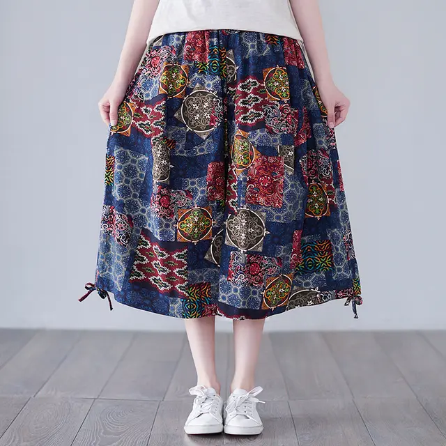 Lace Up Wide Leg Cropped Trousers Women's Trousers Mural Blue - Shop at LoveMi