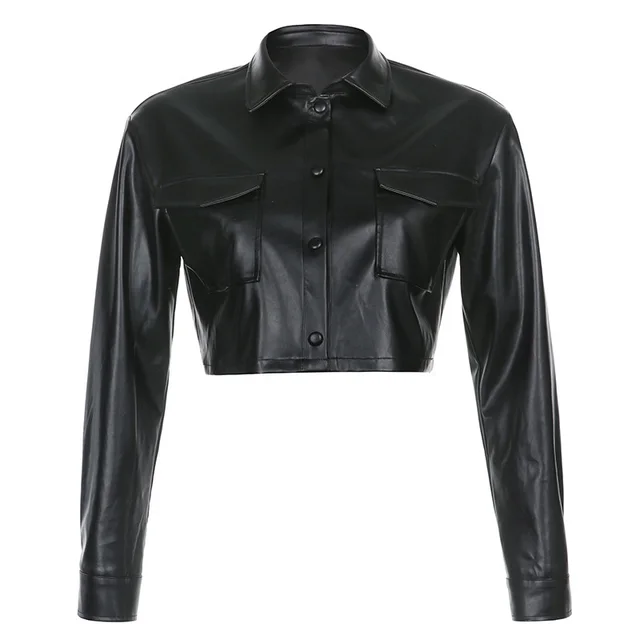 Faux Leather Loose fit Single breasted Long sleeved Leather Jacket Black - Shop at LoveMi