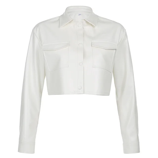 Faux Leather Loose fit Single breasted Long sleeved Leather Jacket White - Shop at LoveMi