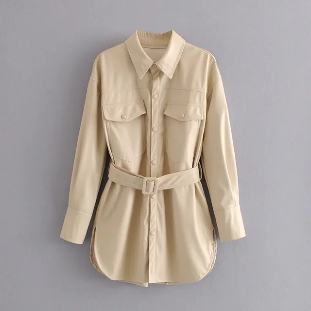 Women's Faux Leather Jacket Lapel Single breasted Long Sleeve Slim Fit Beige - Shop at LoveMi