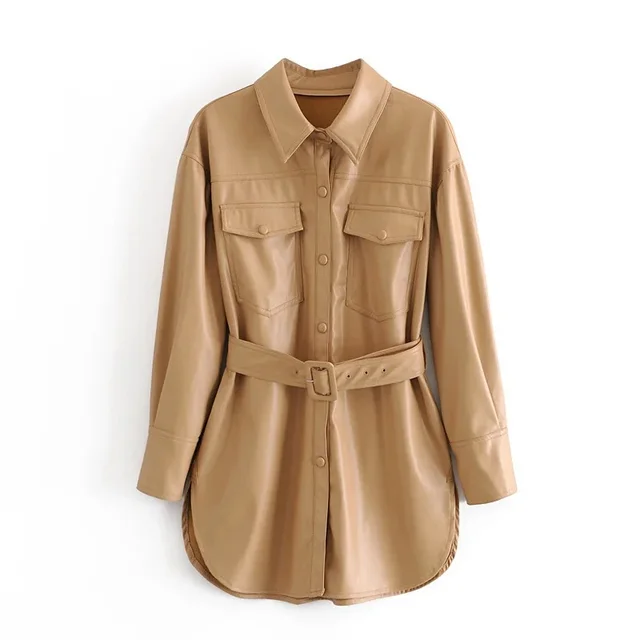 Women's Faux Leather Jacket Lapel Single breasted Long Sleeve Slim Fit Khaki - Shop at LoveMi