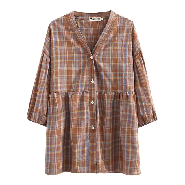 Large V neck Plaid Shirt Spring Loose Casual Half Seeve Top Coffee - Shop at LoveMi