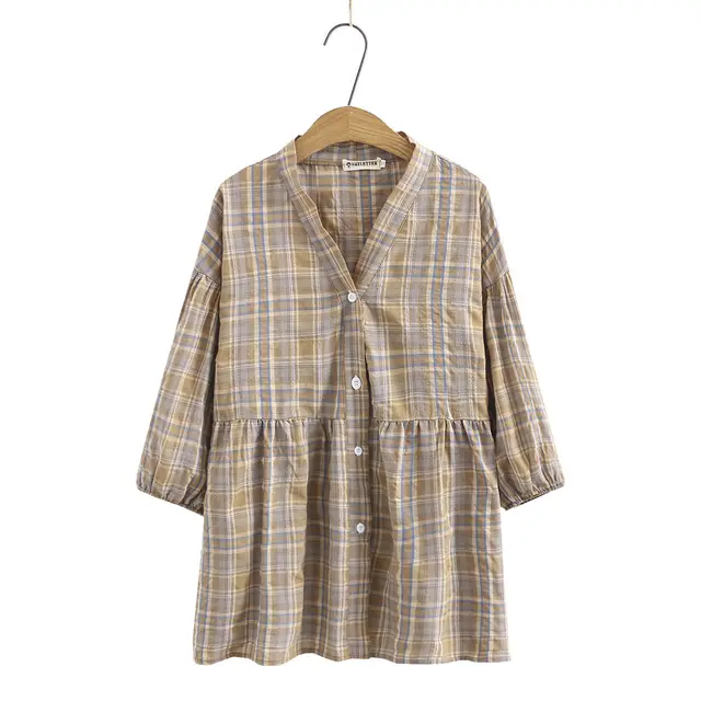 Large V neck Plaid Shirt Spring Loose Casual Half Seeve Top Khaki - Shop at LoveMi