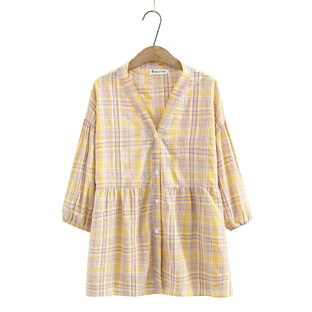 Large V-neck Plaid Shirt Spring Loose Casual Half Seeve Top - Yellow