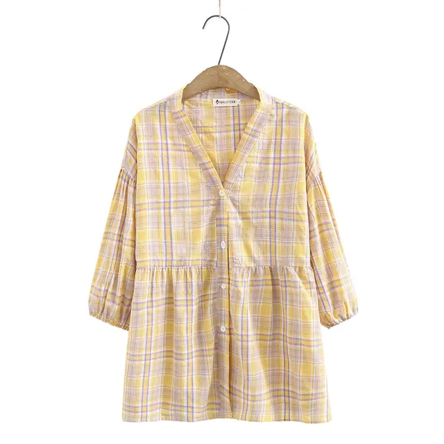 Large V neck Plaid Shirt Spring Loose Casual Half Seeve Top Yellow - Shop at LoveMi