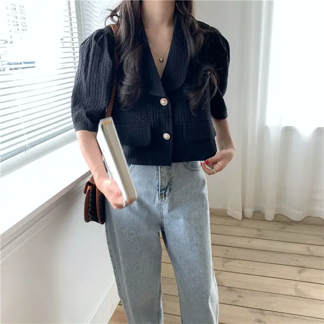 Loose Palace Style Puff Sleeve Top Short Shirt Thin Coat Black - Shop at LoveMi