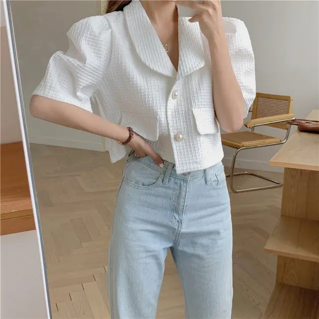 Loose Palace Style Puff Sleeve Top Short Shirt Thin Coat White - Shop at LoveMi