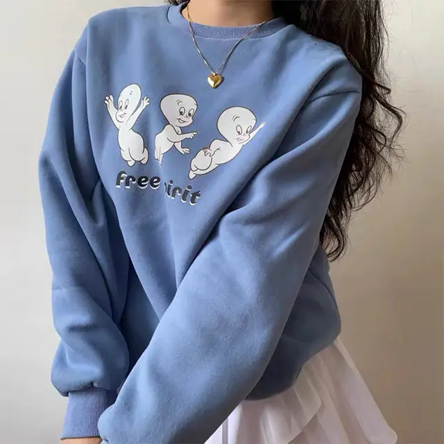 Free Cartoon Print Female Cute Pullover Thick Hoodie Blue - Shop at LoveMi